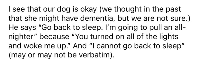 After they realized the dog was okay, the OP's husband told her he wouldn't be able to go back to sleep.