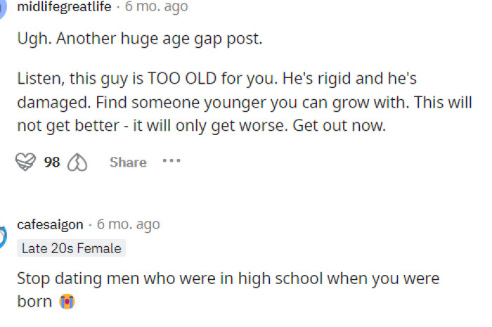 It seems like everyone in the comments here is discussing their age gap and how this is the start of their problem already.