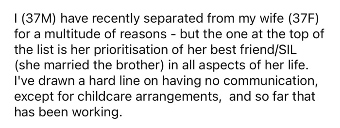 The OP explained that he has recently separated from his wife.