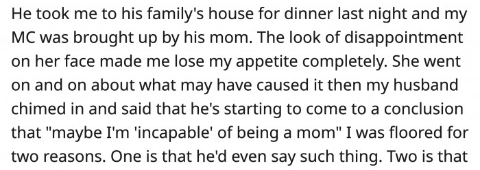 During a family dinner at her husband's house, OP's miscarriage became the topic that her husband's comment struck her
