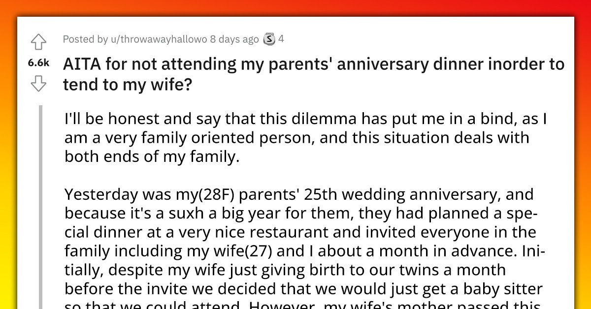 Man Feels Guilty For Ditching His Parents' Anniversary Dinner In Order To Tend To The Wife