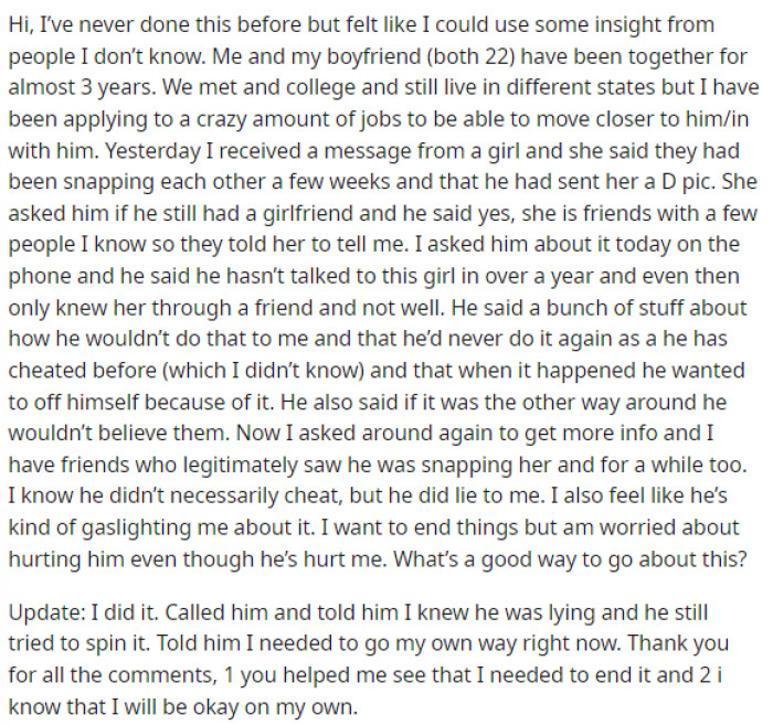 OP's post was straightforward and quite short. She provided all the details and even included an update at the bottom regarding her decision.