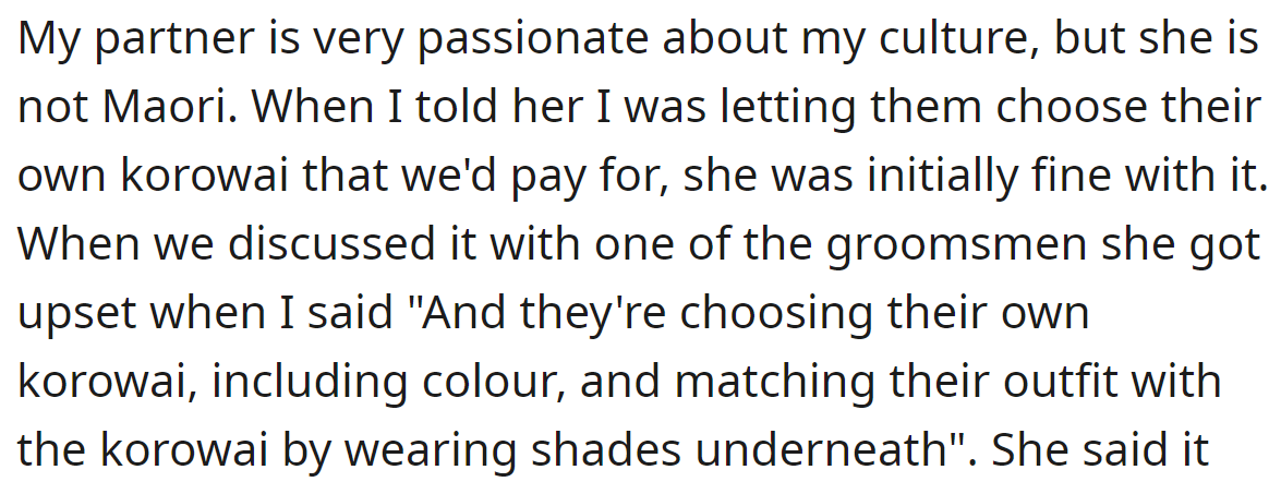 The OP's fiancée was passionate about his culture until she heard the groomsmen would choose the color for korowai: