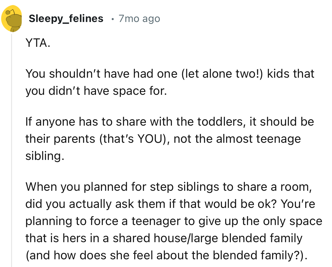 “If anyone has to share with the toddlers, it should be their parents (that’s YOU), not the almost-teen sibling.”