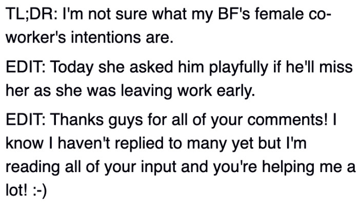 She sought help from an online community to make sense of the coworker's actions.