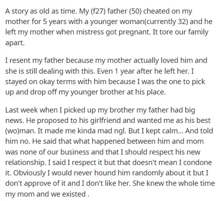 OP starts off her post by explaining what happened with her father and mother years ago and why she resents him for it.
