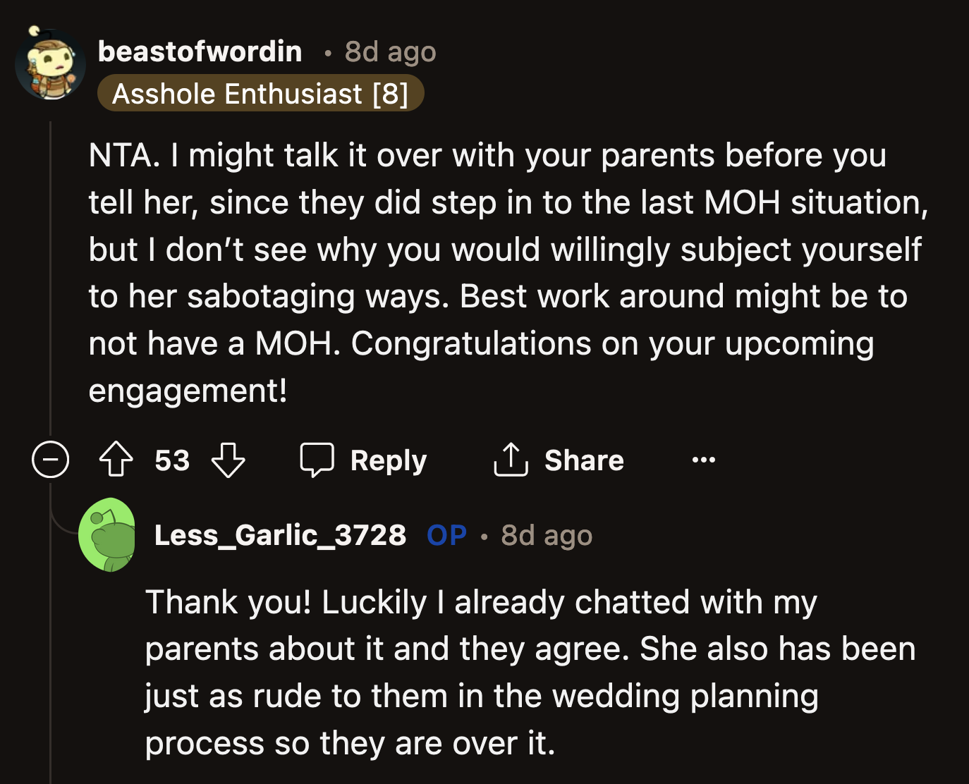 OP said her parents also agree that her sister shouldn't be a part of her bridal party after how awfully she behaved towards everyone recently.