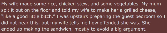 Mom from Hell continued to terrorize the family, spitting food and calling her DIL some nasty names.