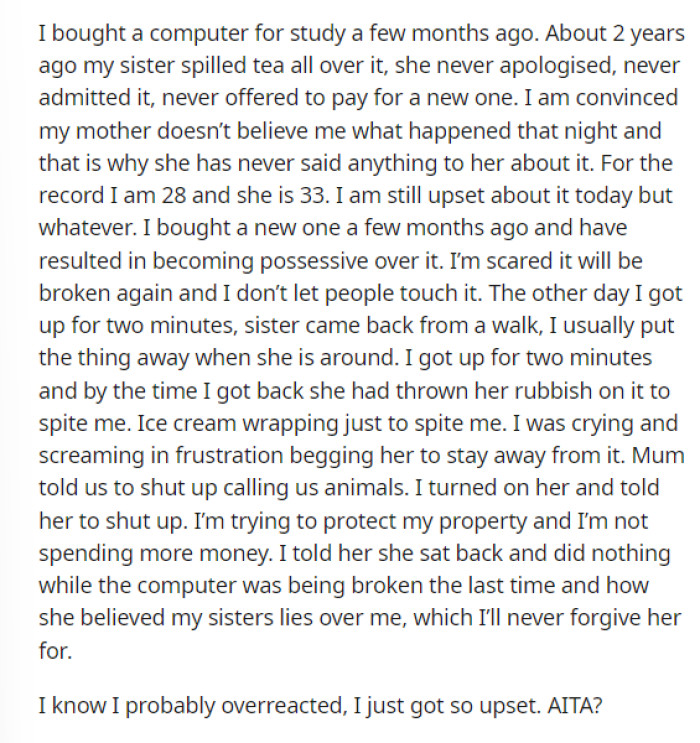 OP's post is pretty self-explanatory and explains the situation that happened with her laptop and the argument with her sister and mom.
