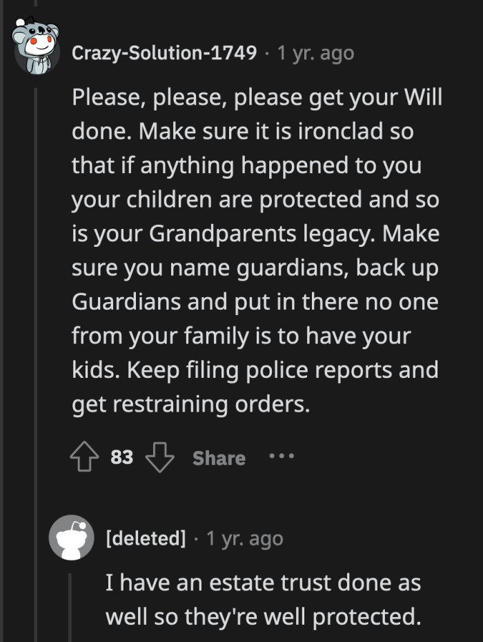 OP took a page out of her grandparents' handbook and made sure her assets will go to the right people
