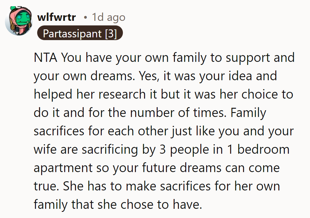 NTA. He and his wife are cramped for their dreams. She must sacrifice for her choice!