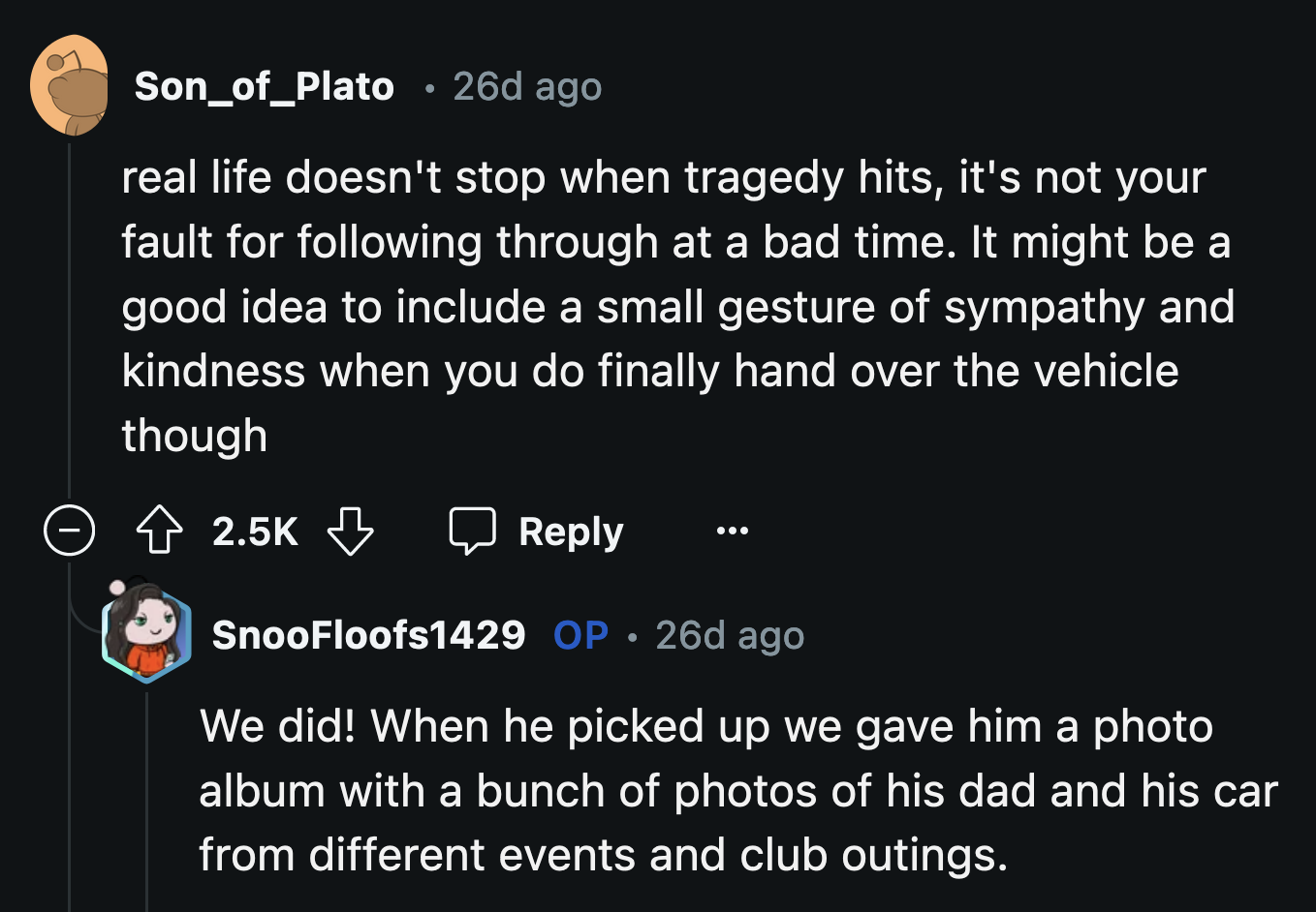 OP said their team sent the client's family an album of him and his car during club events as a gesture of sympathy.