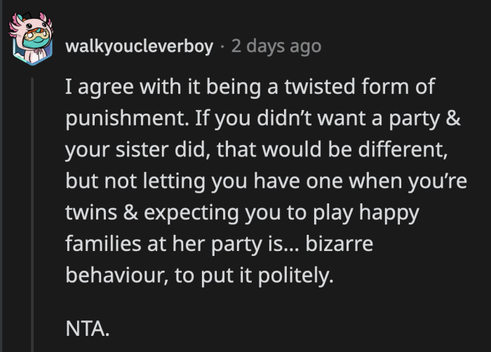 This wouldn't have been an issue if OP actually chose not to have a party, but that wasn't the case