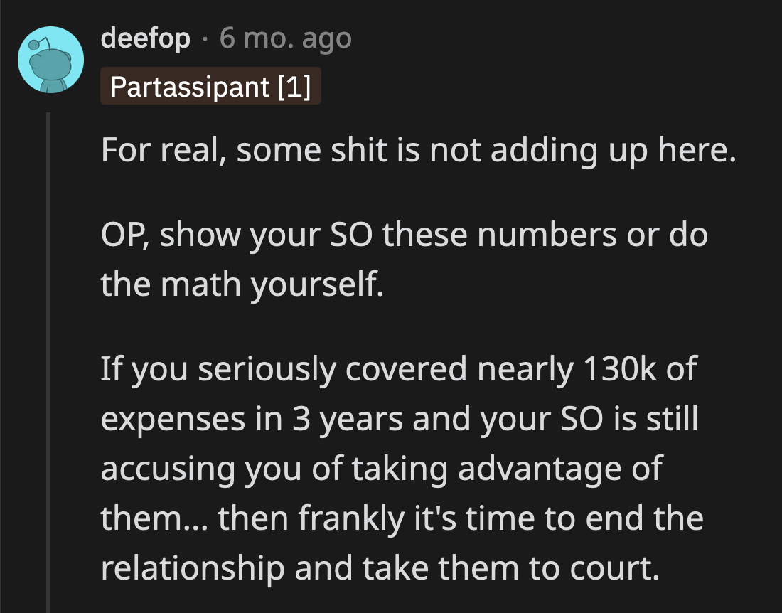 It's time to bust out a calculator to show their partner how much the last three years cost them.