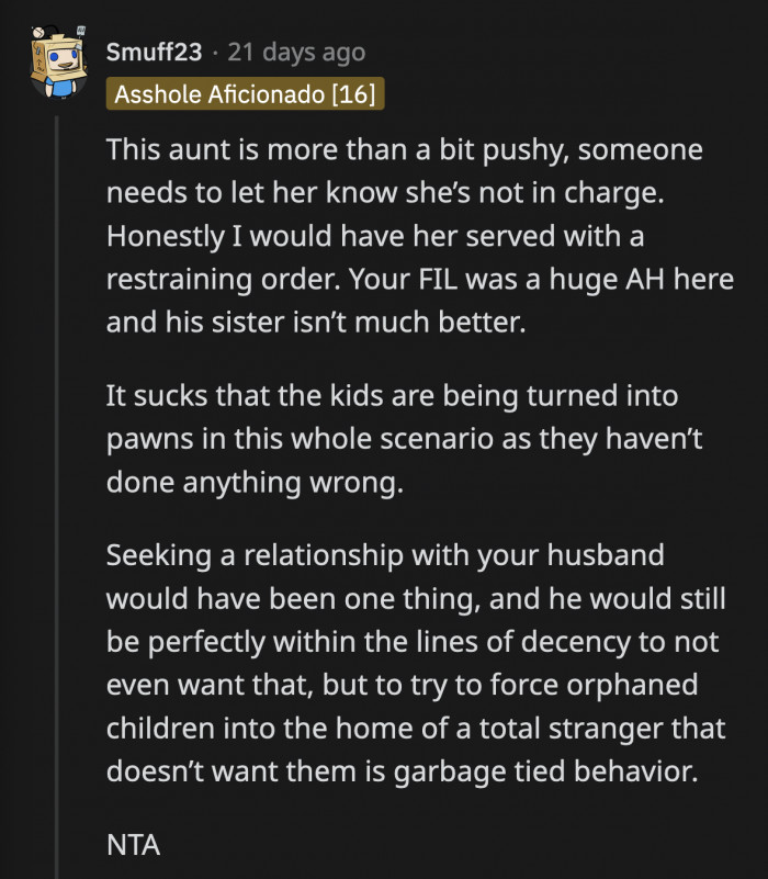 OP's aunt can yell all she wants, but she can't force OP and her husband to take them in