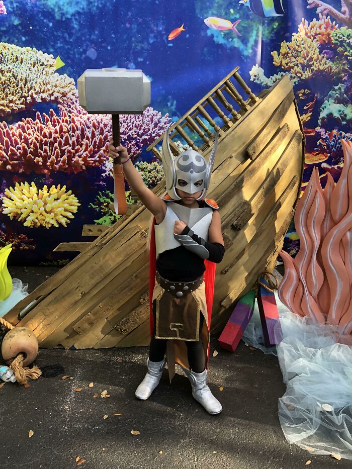 52. My Niece Wanted To Be Thor Girl This Halloween. So My Brother In Law Made The Entire Costume For Her Including The Boots And Hammer, Chest Plate, Helmet, Cape, And Skirt. She Was So Happy