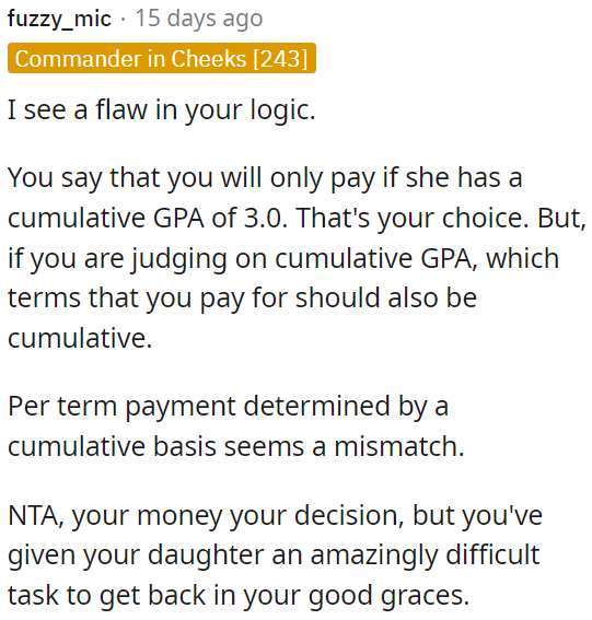 It's OP's decision, but it's tough for his daughter to meet his standards.