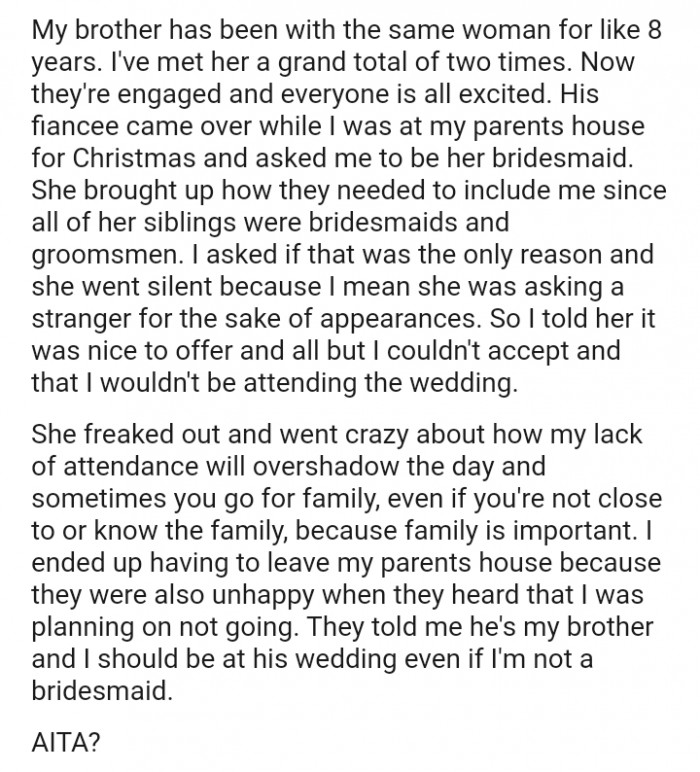 She brought up how they needed to include the OP since all of her siblings were bridesmaids and groomsmen