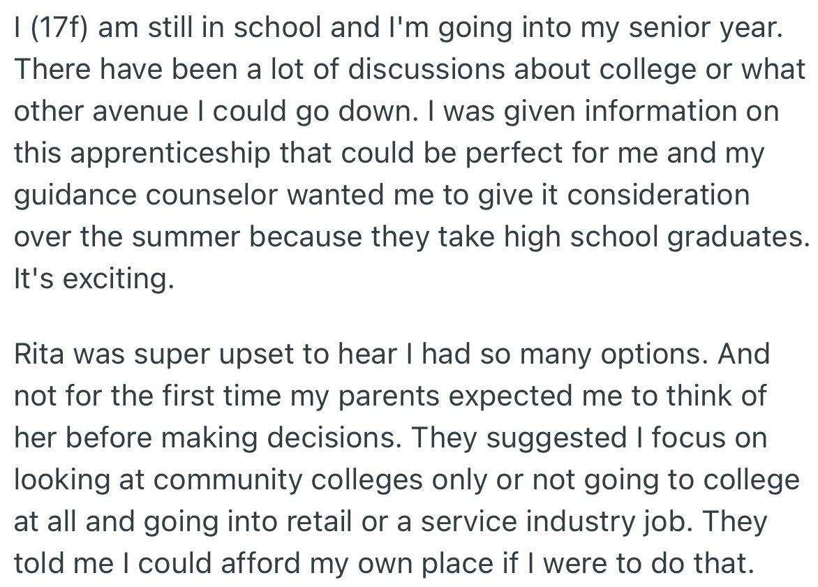 Unlike her older sister, OP has a chance to build a bright future with many opportunities to choose from. However, her success brings her sister sadness and causes their parents to discourage her.