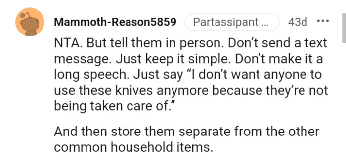 Storing the knives properly away from the other common household items