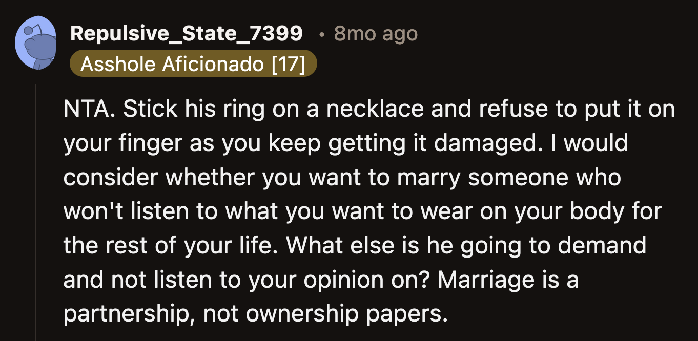 OP has to ask herself if this is the man and family she wants to marry into—a group of people who would cause her discomfort to prove their net worth.