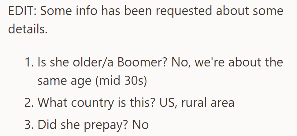 OP clarifies: Both are in their mid-30s, not Boomers. Location: US, rural area. Payment: No prepayment.