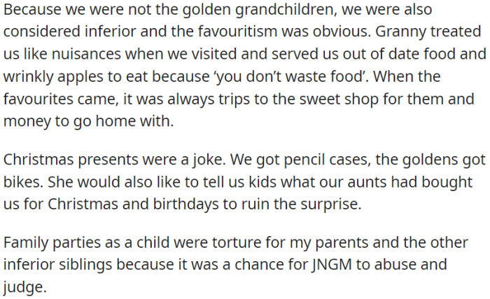 Favoritism was evident as Granny treated the non-favored grandchildren poorly, offering outdated food and minimal attention.