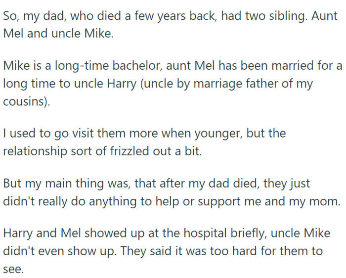 After her father passed away, she felt a significant lack of support from her extended family, who were absent during her time of need. This led to a strained relationship.