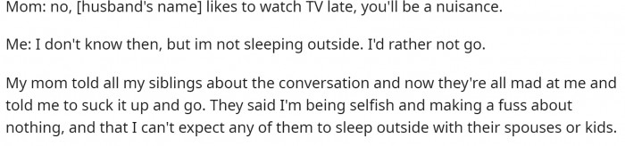 She ends the conversation by saying she doesn't want to go then. However, her family says otherwise.