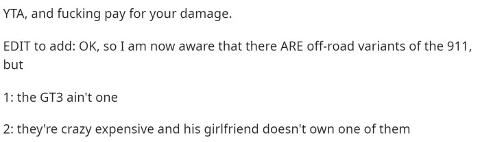 He is the TA, and many people are advising him to just pay for the damage he caused to the car.