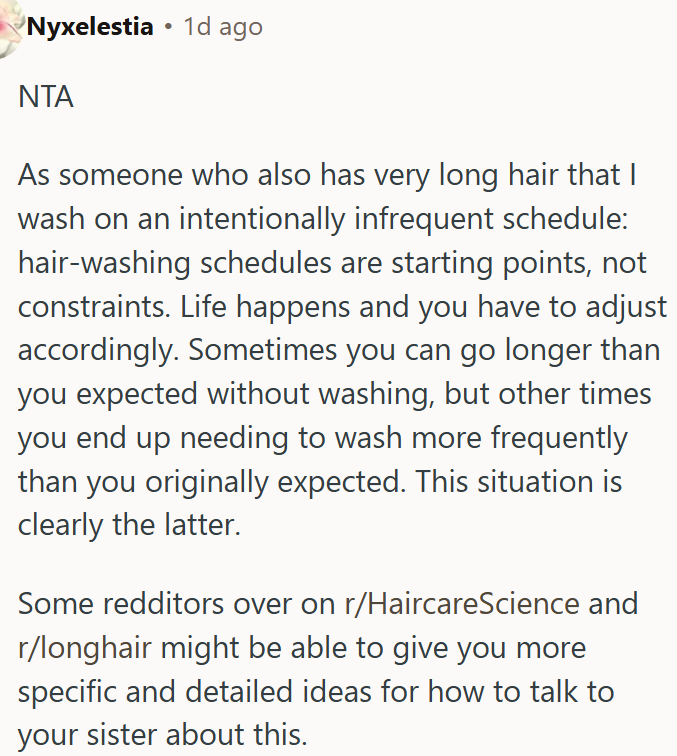 Sister refuses to wash her hair before the wedding, which sparks frustration.