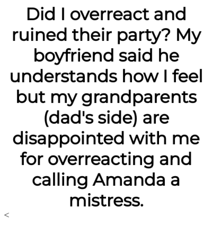 Conflict within the family escalates when OP refers to her father's fiancée as the 'other woman.'