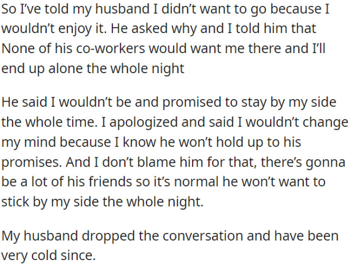OP declined to attend the event, which upset her husband.