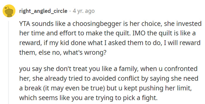 The quilt is a reward for her children, not an entitlement...