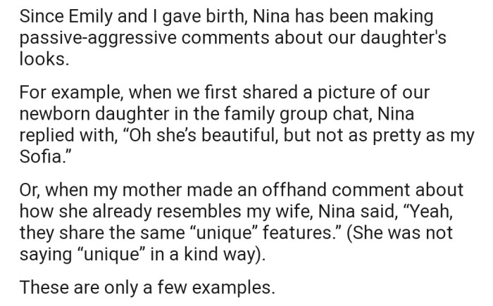 Since OP's Wife Gave Birth, Their Sister Has Been Making Passive-Aggressive Comments About Their Daughter's Looks
