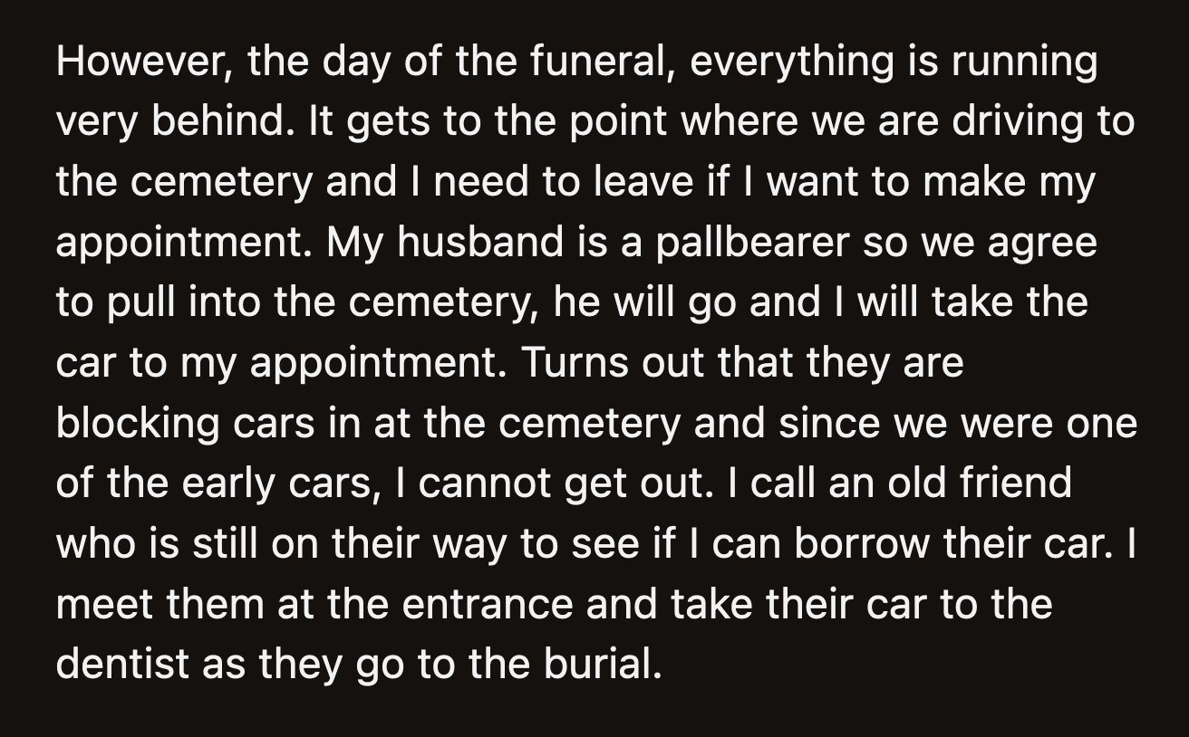 OP thought they weren't missed, but a relative of the deceased approached them at the luncheon.