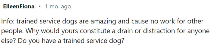 Service dogs cause no work for other people. They are trained to be calm and non-reactive.