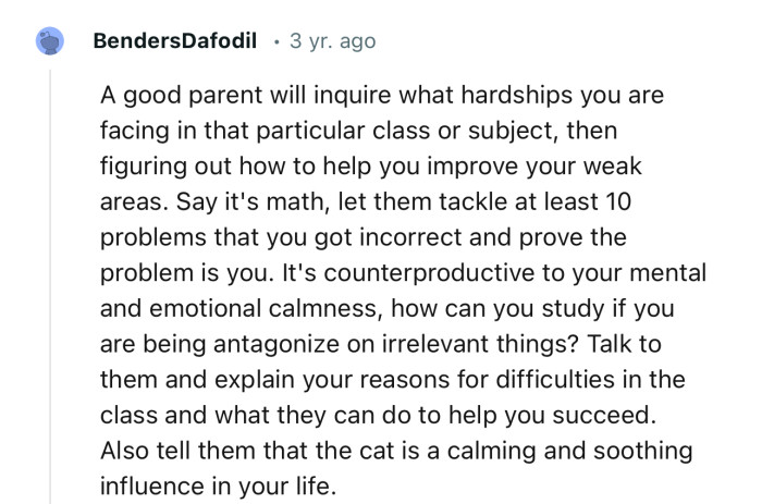 A good parent will inquire what hardships you are facing, then figure out how to help you improve your weak areas.