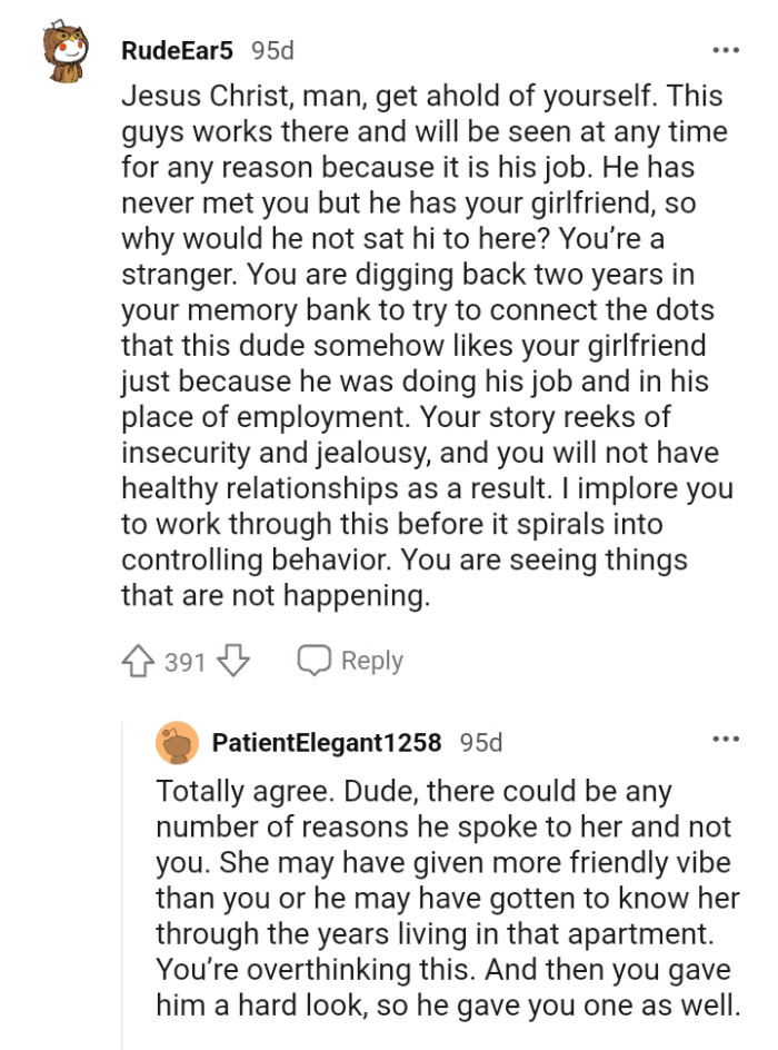 The maintenance guy has never met the OP but he has met the girlfriend