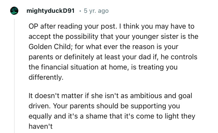 “Your parents should be supporting you equally, and it's a shame that it's come to light they haven't.”
