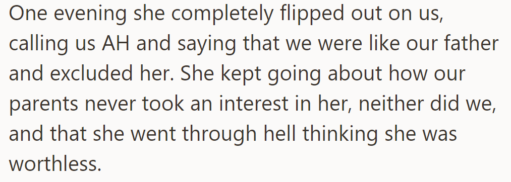 Eva exploded, calling them AH and accusing them of resembling their father. She felt neglected and worthless.