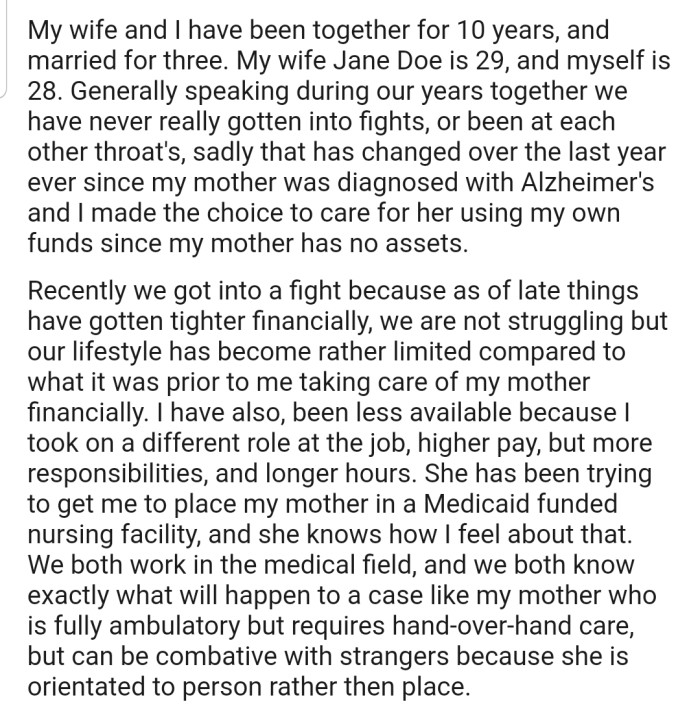 This Redditor and Their Wife Have Been at Loggerheads Due to How Their Mom's Illness Has Affected the Family's Financial Situation