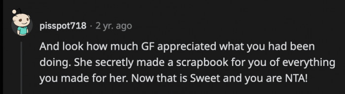 OP's girlfriend knew how much work OP put into every dessert he gave her, and she showed him exactly how much each of those meant to her! They are so cute!