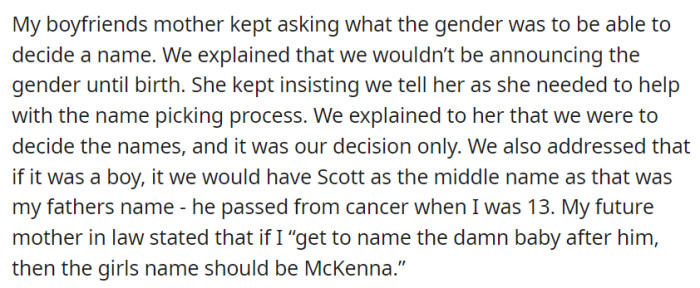 The couple kept the baby's gender a surprise but faced pressure from the boyfriend's mother to reveal it for naming purposes.