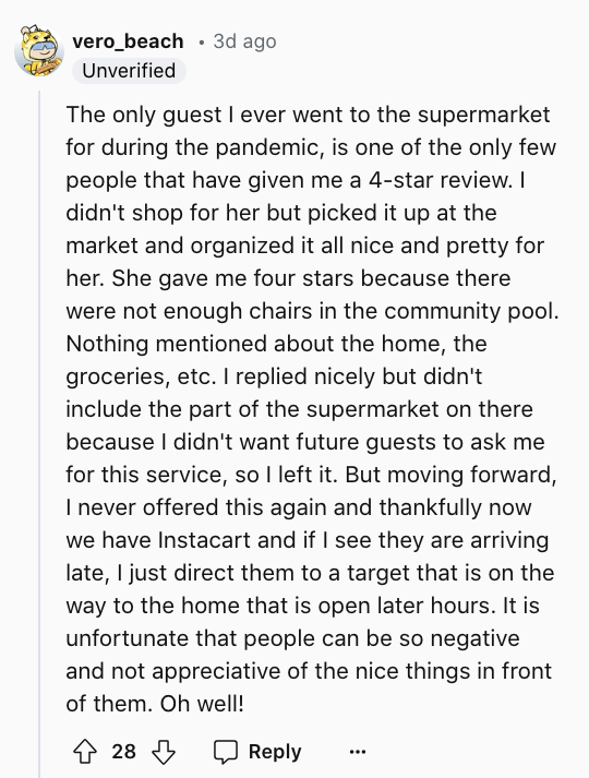2) The only guest this Redditor ever went to the supermarket for
