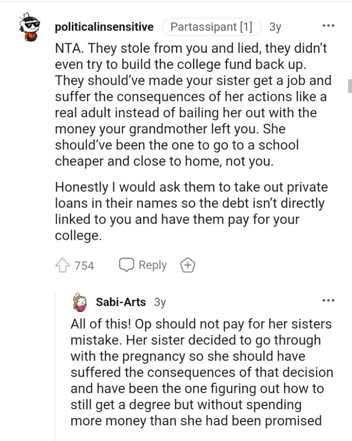 OP's sister should have been the one to go to a cheaper school