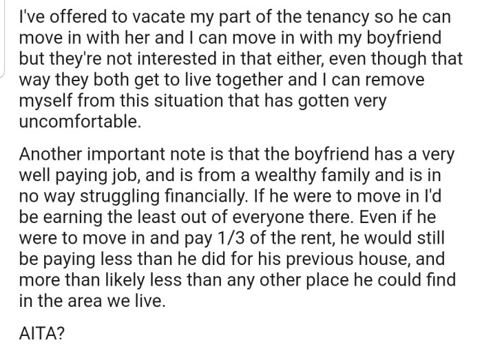 The situation has been tense between the three of them, and OP is contemplating moving out