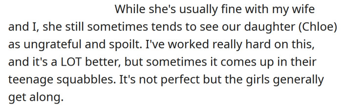 While Charlotte usually gets on well with the OP's daughter Chloe, sometimes they have disagreements.