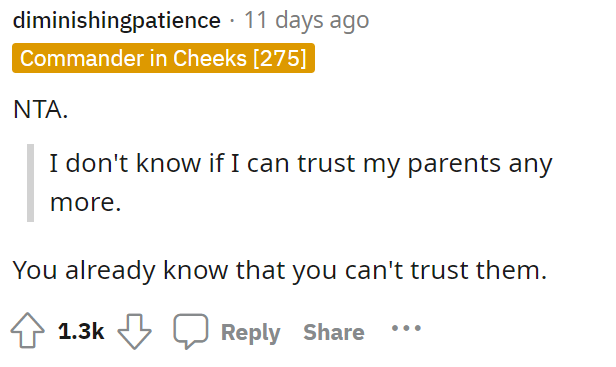 People immediately told OP that she's NTA here and that she obviously can't trust her parents.