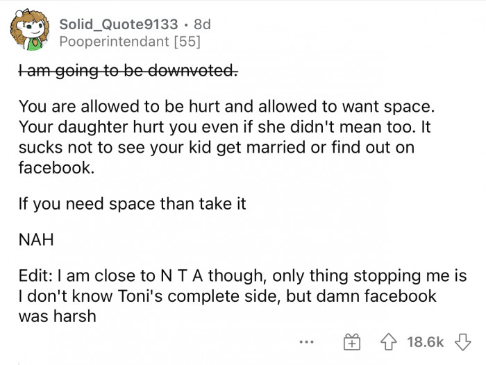 If the father and mother need space, then they should take the space, but the daughter isn't completely wrong either.
